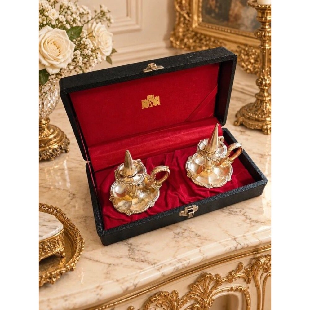 Vintage Silverplate Chamberstick Candle Holder Set Japan With Snuffers Case